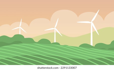 Ecological turbine wind generator on green fields. Natural electricity. Caring for the environment and an alternative source of energy. Vector illustration