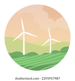 Ecological turbine wind generator on green fields. Natural electricity. Caring for the environment and an alternative source of energy. Flat vector illustration