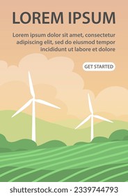 Ecological turbine wind generator on green fields. Natural electricity. Caring for the environment and an alternative source of energy. Vector illustration. Design for website, banner, poster