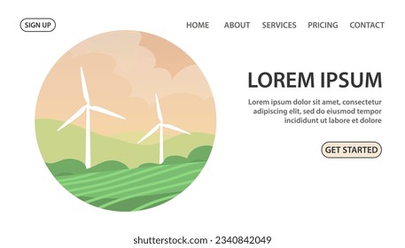 Ecological turbine wind generator on green fields. Natural electricity. Caring for the environment and an alternative source of energy. Vector illustration. Design for website, banner