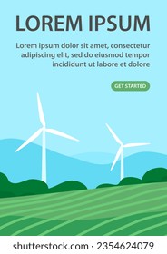 Ecological turbine wind generator on green fields. Natural electricity. Caring for the environment and an alternative source of energy. Design for poster, banner, website. Vector illustration