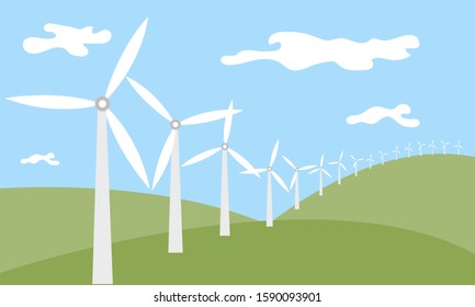 Ecological type of energy, wind energy. Vector windmills standing on green hills against a blue sky.Electricity generated from the wind. Green energy