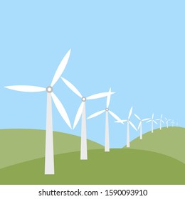 Ecological type of energy, wind energy. Vector windmills standing on green hills against a blue sky.Electricity generated from the wind. Green energy