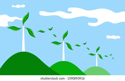 Ecological type of energy, wind energy. Vector windmills standing on green hills against a blue sky. Windmill in green leaf shape.Electricity generated from the wind. Green energy