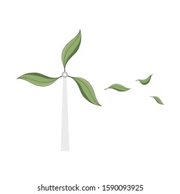 Ecological type of energy, wind energy. Vector windmills in green leaf shape.Electricity generated from the wind. Green energy