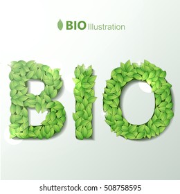 Ecological vector illustration with bio text written by letters made of green leaves garland font