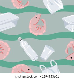 Ecological vector pattern. Plastic containers, glasses bags, bottles in the sea with shrimps.
