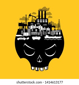 Ecological vector poster with danger industry objects. Pollution environment concept with skull and factory.