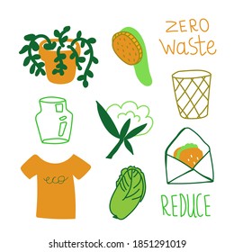 Ecological vector set of illustrations in green and orange colors.Clip art with home plant,glass,cotton,sandwich,zero waste,reduce,split. Collection of eco goods.Design for packaging,web,cards.