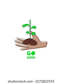 Tarjeta temática ecológica y vegana, impresa o afiche. Vamos verde. La mano humana sostiene una capa de suelo con una plántula verde. Hora de primavera. Tiempos de jardinería. Ilustración vectorial.