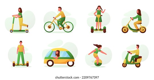 Ecological vehicles. Electric car. Motorcycle and bicycle. Battery icons. Transport power. People on scooters. Persons drive hoverboards. Eco friendly automobiles set. Vector illustration