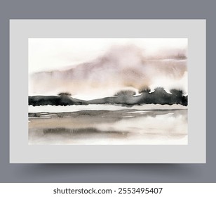 Ecological wall art with natural landscape with seashore or beach on shore of warm ocean. Ecological poster with autumn scenery with hills on coast and rare trees under gray cloudy sky. Artwork, print