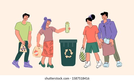 Ecological waste sorting and recycling banner with people characters, sketch cartoon vector illustration. Trash bin for plastic, glass and organic garbage. Environment and nature conservation.