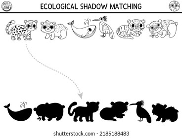 Ecological z black and white shadow matching activity with endangered species. Earth day puzzle. Find correct silhouette printable worksheet or game. Eco awareness coloring page for kids
