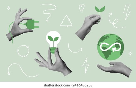 Ecological zero waste lifestyle and sustainability elements set. Hands holding Earth globe, plant, power saving lamp. Vector illustration