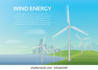 An ecologically clean beach and a city with wind turbines. Vector illustration.