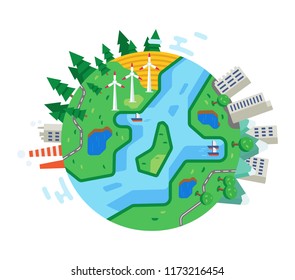 Ecologically clean city, environmental protection, careful attitude to natural resources, water sources, clean city, landscape, preservation of ecology, alternative energy source. Vector illustration.