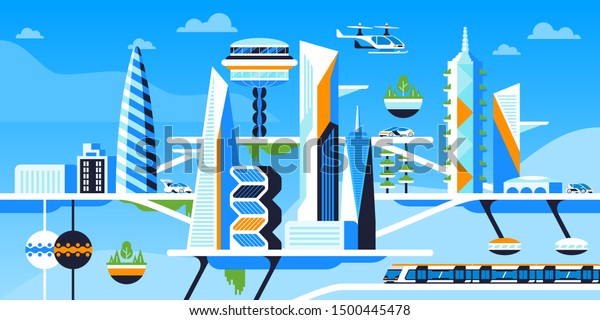 Ecologically clean city flat vector\
illustration. Futuristic cityscape, sustainable metropolis.\
Innovative, eco friendly technology. Buildings, transport and\
greenery. Environmentally safe\
metropolis