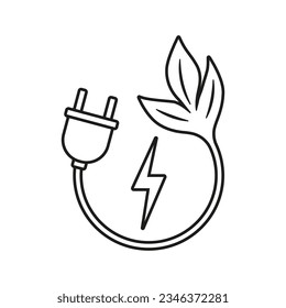 Ecologically clean energy icon. Lightning bolt with power plug. Vector. Line style.