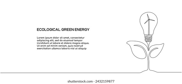Ökologisch saubere Energie. Windturbinen, Elektrizität. Das Konzept grüner Energie, Technologie. Eine Pflanze mit Blättern und einer Windmühle in einer Glühbirne. Vektor
