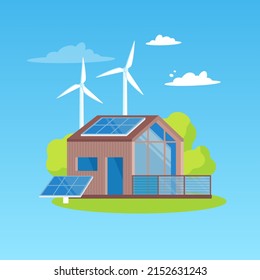 Ecologically clean modern house, solar panels and windmills. The concept of green energy in a private house. Vector illustration in a flat style