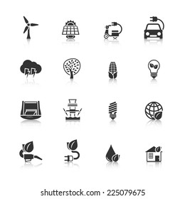 Ecologically clean planet and energy saving solutions black icons set with dam windmill abstract isolated vector illustration