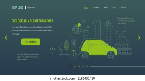 Ecologically clean transport. Ecologically clean mode of transport, electric car, machine near the charging station. Landscape with high-rise skyscrapers. Website template design. Vector illustration.