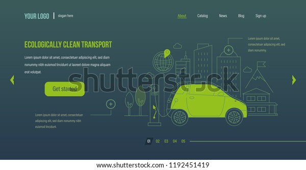 Ecologically clean transport. Ecologically\
clean mode of transport, electric car, machine near the charging\
station. Landscape with high-rise skyscrapers. Website template\
design. Vector\
illustration.
