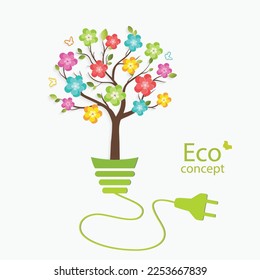 Ecologically clean world. A tree with colorful, vibrant flowers grows inside a light bulb. Vector illustration of ecology infographic concept. Ecological concepts.