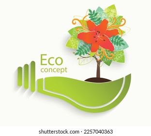 Ecologically clean world. A tree with colorful, vibrant flowers grows inside a light bulb. Vector illustration of ecology infographic concept. Ecological concepts.