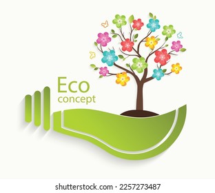 Mundo ecológicamente limpio. Un árbol con flores coloridas y vibrantes crece dentro de una bombilla. Ilustración vectorial del concepto de infografía ecológica. Conceptos ecológicos.