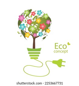 Ecologically clean world. A tree in the form of a globe grows inside a light bulb. Vector illustration of ecology concept for modern infographic design.