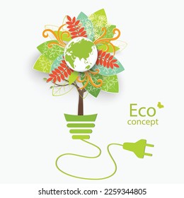 Ecologically clean world. A tree in the form of a globe grows inside a light bulb. Vector illustration of ecology concept for modern infographic design.