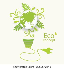 Ecologically clean world. A tree in the form of a globe grows inside a light bulb. Vector illustration of ecology concept for modern infographic design.