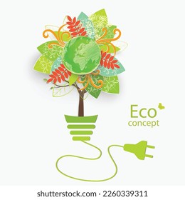 Ecologically clean world. A tree in the form of a globe grows inside a light bulb. Vector illustration of ecology concept for modern infographic design.
