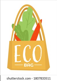 Ecologically friendly bag for products and shopping, isolated icon of canvas tote filled with carrots and leaves. Handbag accessory with handles, environment care zero waste, vector in flat style