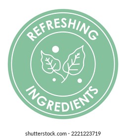 Ecologically friendly content and refreshing ingredients of cosmetics for treatment and care for skin and body. Nature and ecological awareness. Label or emblem for package, vector in flat style
