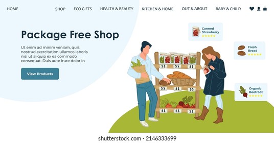 Tienda de comestibles ecológica con una variedad de alimentos, verduras y frutas. Tienda libre de paquetes, vendedor de productos. Página web, sitio Internet, plantilla de página de inicio. Vector de estilo plano