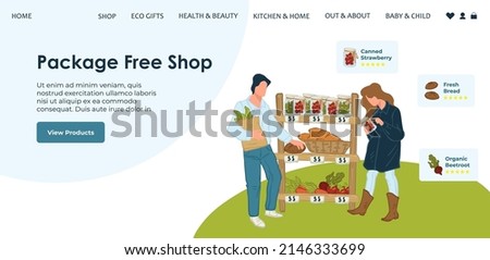 Ecologically friendly grocery store with assortment of food, vegetables and fruits. Package free shop, seller showing products. Website page, internet site, landing page template. Vector in flat style