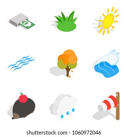 Ecologically friendly icons set. Isometric set of 9 ecologically friendly vector icons for web isolated on white background