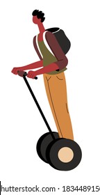 Vehículos ecológicamente amigables para el transporte en ciudad o ciudad. Motocicleta Gyro para el desplazamiento, equilibrando la carne de transporte. Tecnologías móviles para personas modernas, vector de dispositivos electrónicos en plano