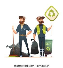 Ecologically responsible waste and garbage collecting for recycling cartoon poster with professional and volunteer garbageman vector illustration 