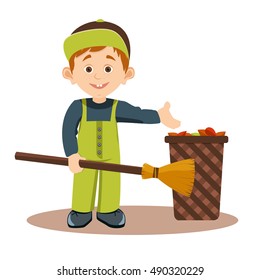 Ecologically responsible waste and garbage collecting for recycling,student voluntarily collects a broom, dry leaves, vector illustration,cleaning the foliage in autumn city