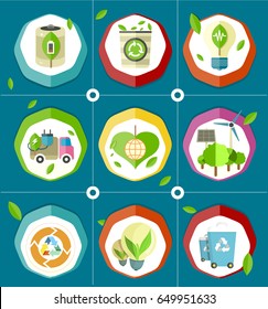 Ecologically save energy devices such as battery, wind generators, electric car, recycling bin and energy-saving bulb vector illustrations.