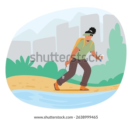 Ecologist character taking samples of water for analysis on pollution and toxic level caring for environment and ecosystem. Scientists doing aqua quality and purity tests cartoon vector illustration