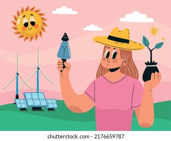 ecologist girl in solar energy plant
