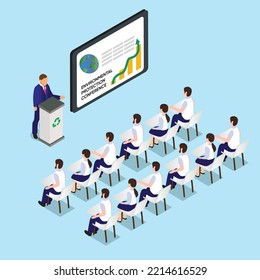 Ecologist giving presentation at environmental conference isometric 3d vector illustration concept for banner, website, illustration, landing page, flyer, etc.