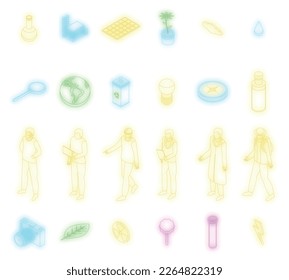 Ecologist icons set. Isometric set of ecologist vector icons neon color on black