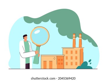 Ökologe mit Lupe zur Analyse der Fabrikemissionen. Industriegebäude, das Luftverschmutzung verursacht, flache Vektorgrafik. Ökologie, Umweltkonzept für Banner, Website-Design oder Landing-Webseite