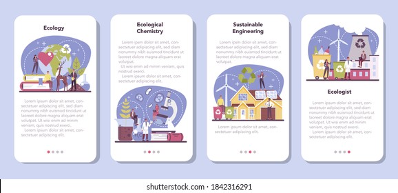 Ecologist mobile application banner set. Scientist taking care of nature and study ecological environment. Air, soil and water protection. Professional ecological activist. Vector illustration